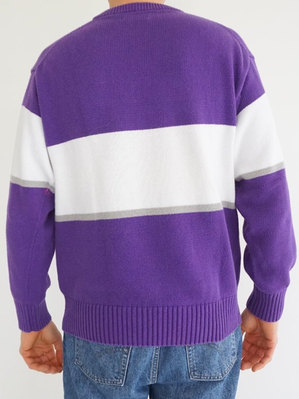 Vintage Main River Purple White Stripe Knit Sweater Cotton Crewneck Large - Picture 2 of 9